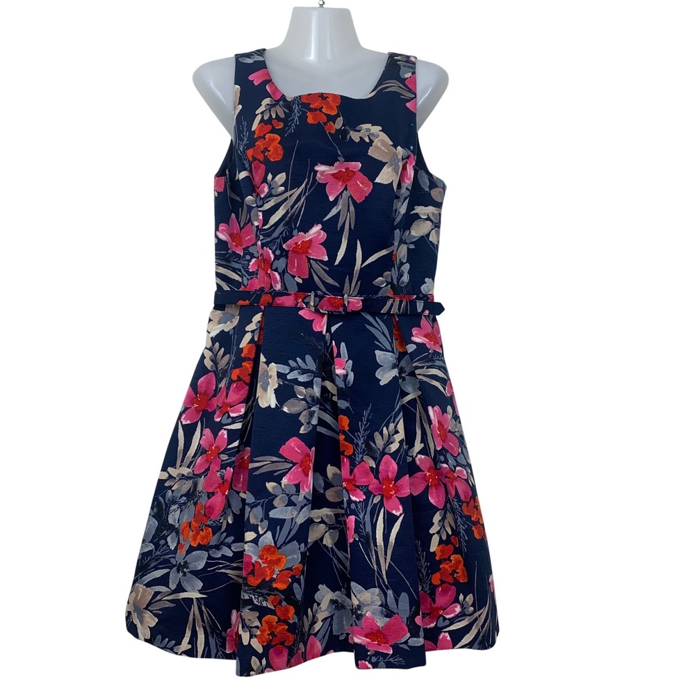 Eliza J Womens 12P Navy Pink Floral Belted Fit & Flare Pleated Dress V-Back Zip